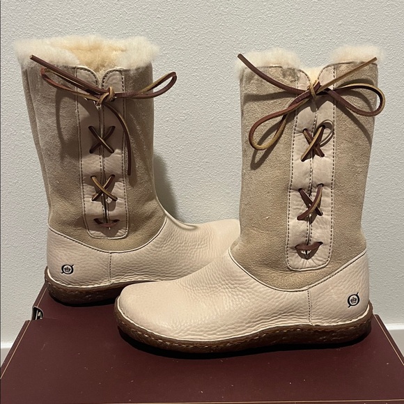 BORN Yuma Ivory Lace up Leather Suede Boots with Shearling Lining Size 8/39 NEW! - Picture 1 of 3